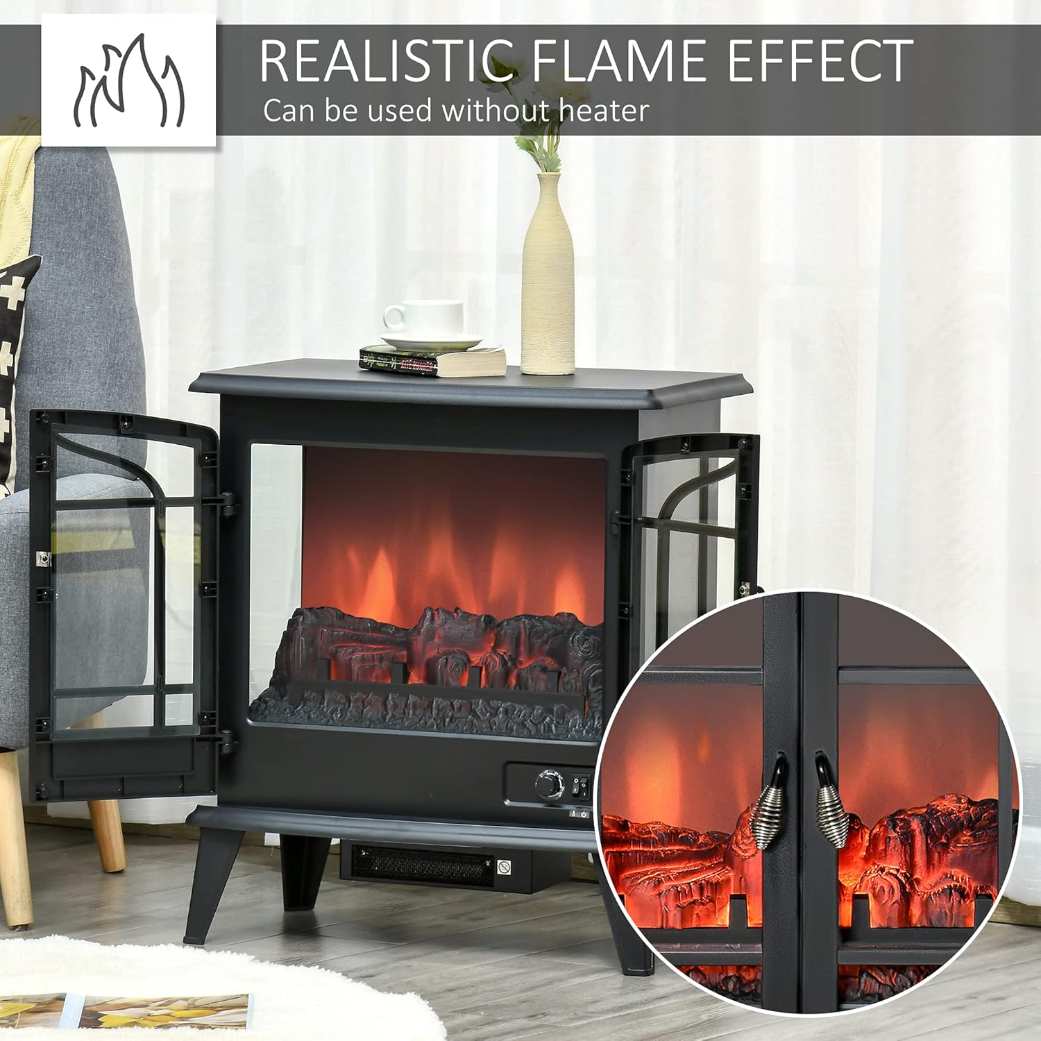 Black Freestanding Electric Fireplace Heater, 1400W B643