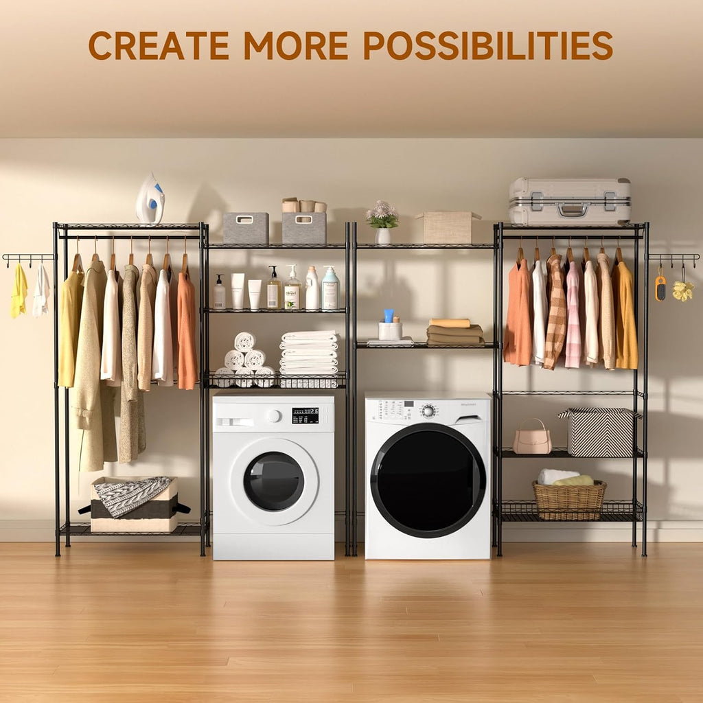 Over The Washer and Dryer Laundry Room Storage Shelf with Adjustable Shelves, Wire Basket, and Rotatable Hooks Z150991