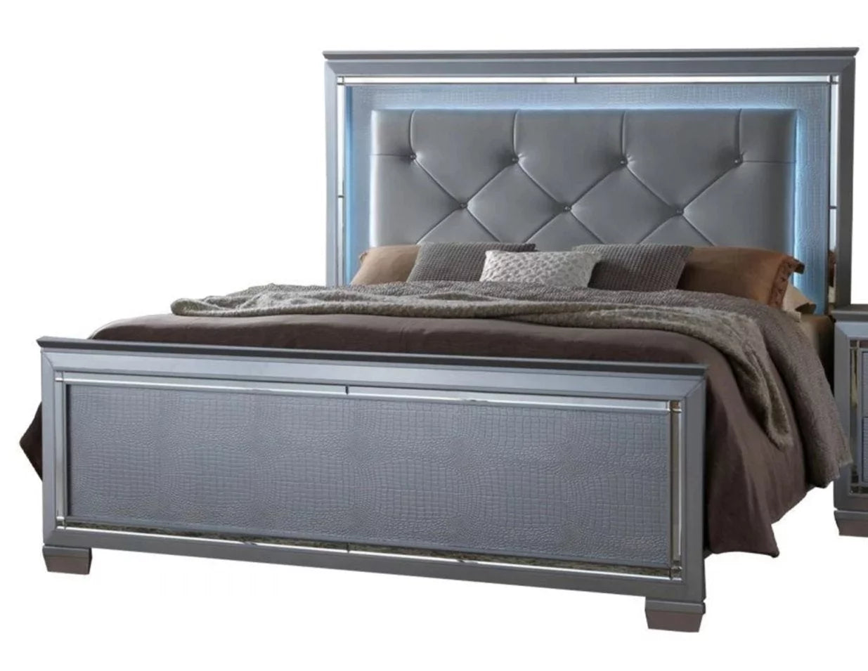 Silver Finish Queen Size LED Backlit Upholstered Headboard Bed Z247638
