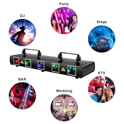 5 Beam Sound Activated DJ Party Lights RGBYC LED Music Projector with Remote Control DMX Q285