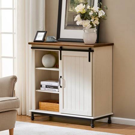 White Farmhouse Barn Door Storage Cabinet with Metal Legs, 35 x 15.7 x 35 F9484