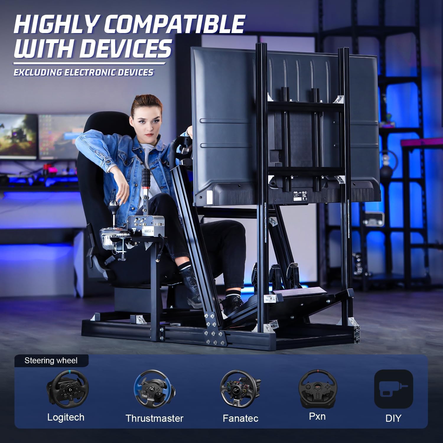 Racing Simulator Cockpit with Monitor Stand and Black Seat Q201