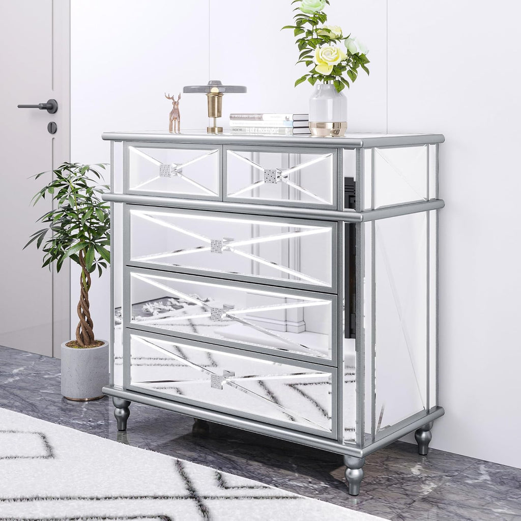 Silver Mirrored 5 Drawer Dresser with Wood Legs B9035