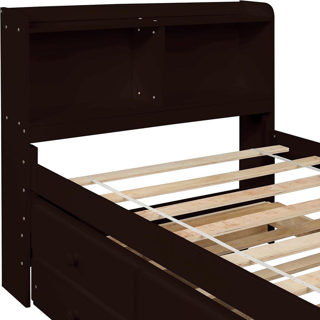 Twin Wood Captain’s Bed with Bookcase Headboard, Trundle and 3 Drawers, Espresso W665510