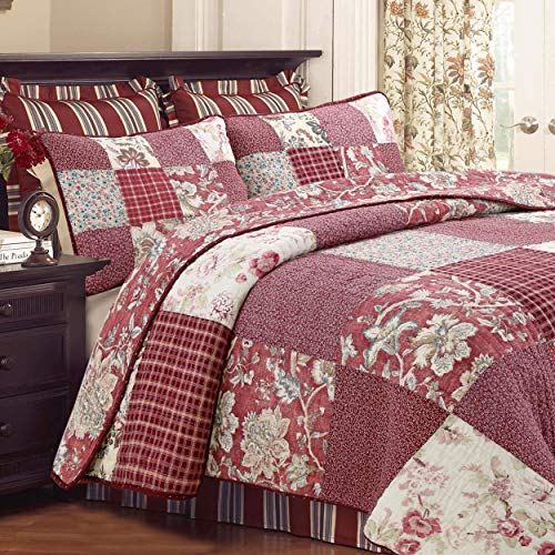 Burgundy Wine Red Floral Paisley Patchwork 100% Cotton Reversible Quilt Bedding Set, Queen - 3 Piece H897265