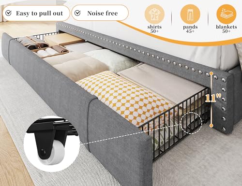 Grey Queen Size Upholstered Platform Bed Frame with 3 Drawers Q826277