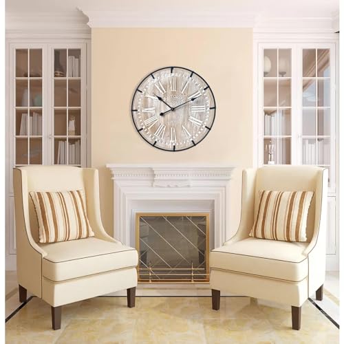 24 Inch Rustic Wood Wall Clock with Metal Circle and Numerals B79526