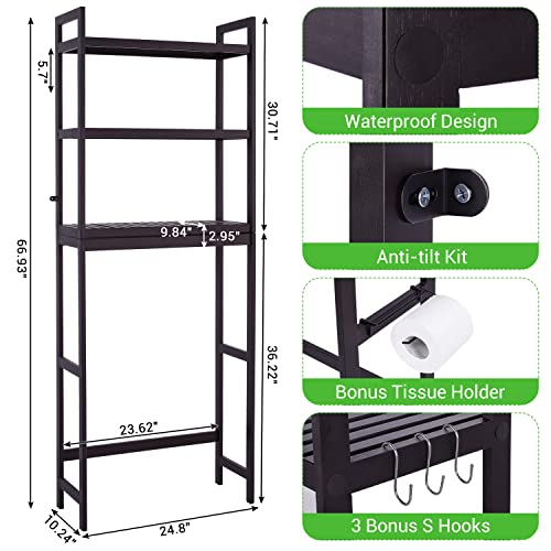 Bamboo 3-Tier Over The Toilet Storage Shelf with Paper Holder and 3 Hooks Z88641