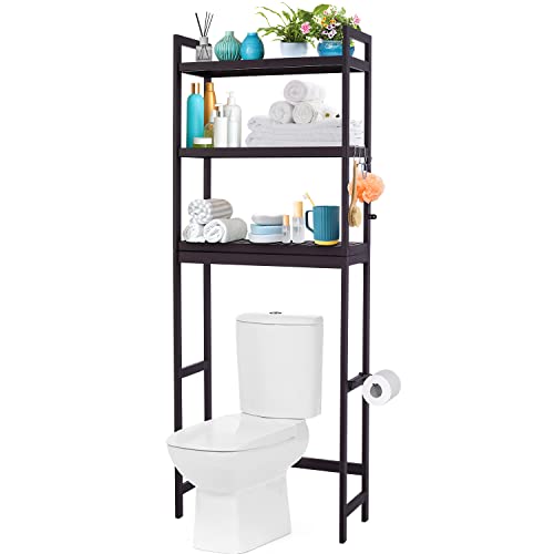 Bamboo 3-Tier Over The Toilet Storage Shelf with Paper Holder and 3 Hooks Z88641