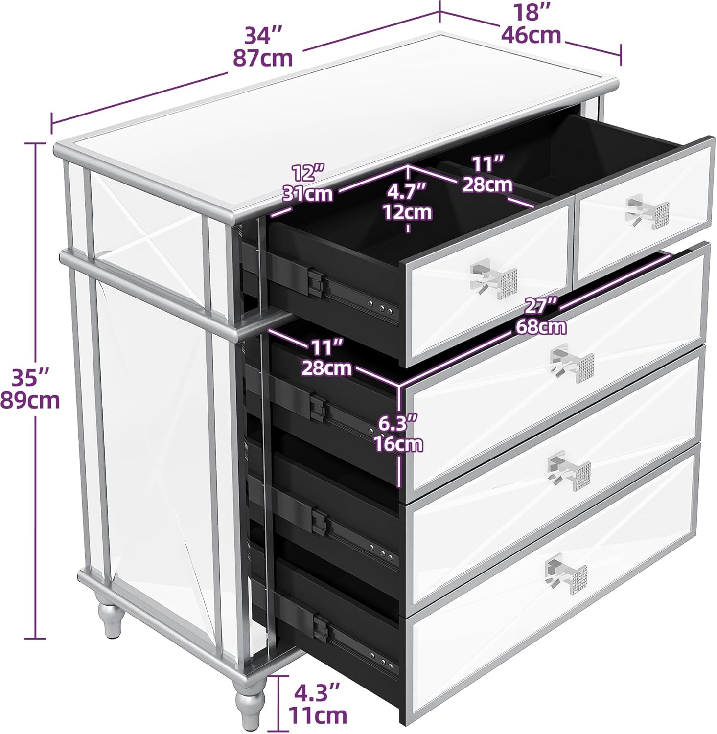 Silver Mirrored 5 Drawer Dresser with Wood Legs B9035