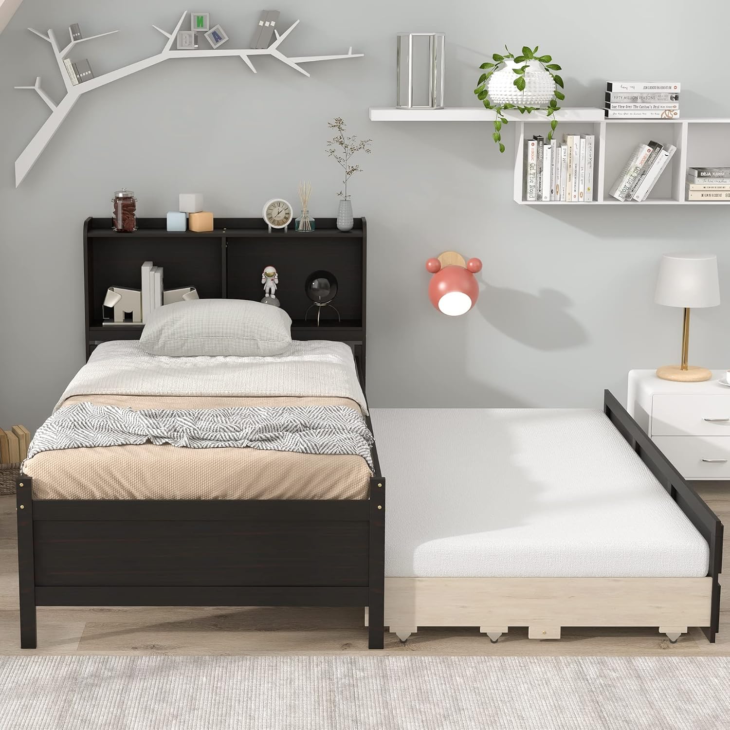 Twin Wood Captain’s Bed with Bookcase Headboard, Trundle and 3 Drawers, Espresso W665510