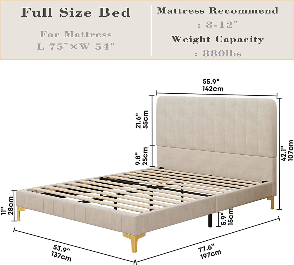 Beige Upholstered Full Size Platform Bed with Headboard T331