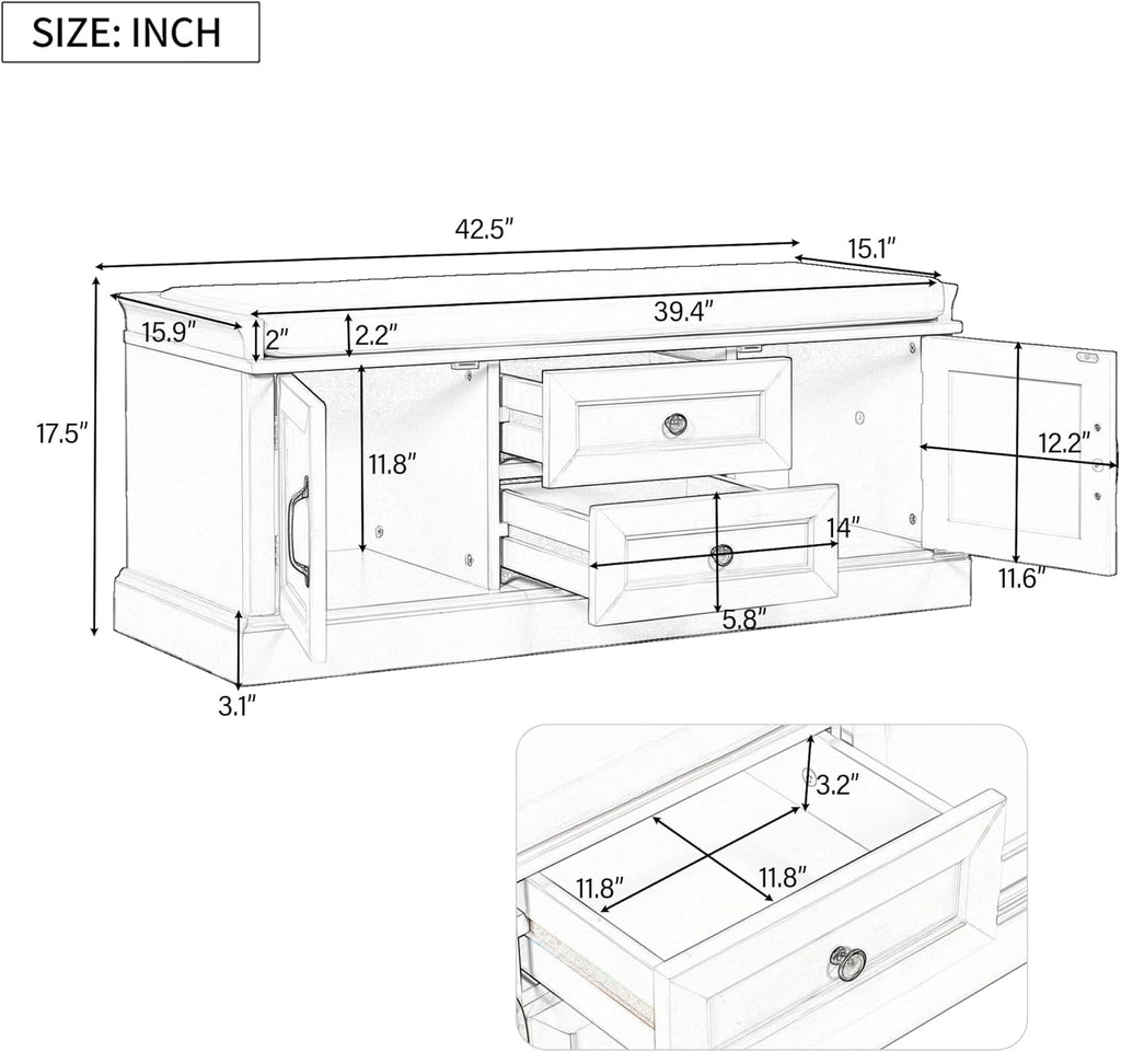 Black Storage Bench with 2 Drawers and 2 Cabinets with Removable Cushion V997276