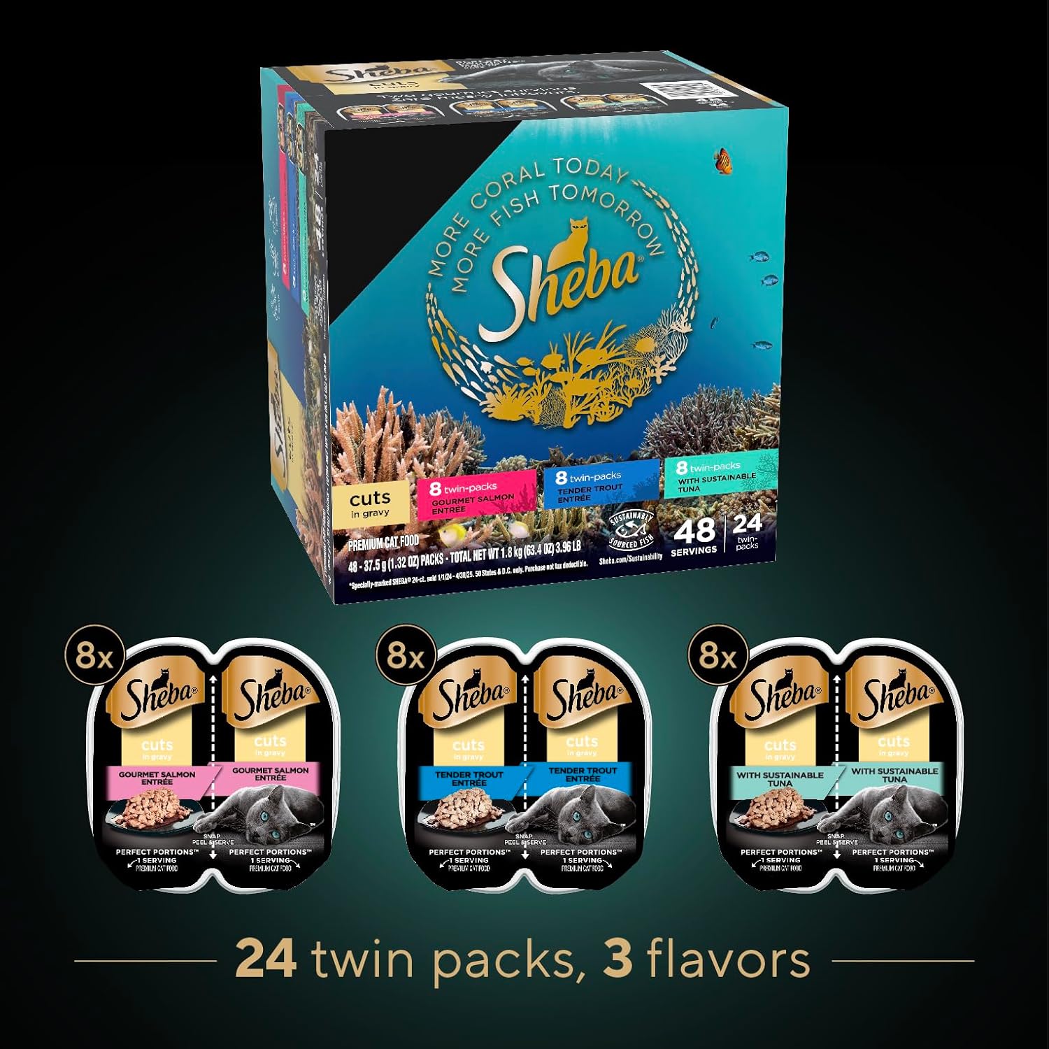 24 Count Wet Cat Food Trays, Salmon Trout Tuna Entrée Variety Pack W27089