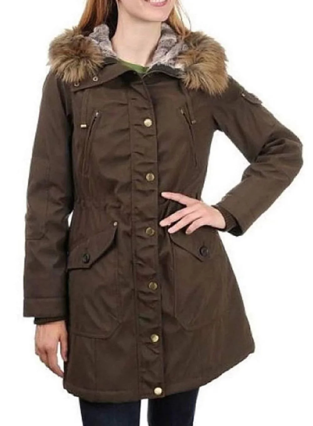 Women's Faux Fur Hooded Parka Jacket - Dark Olive (large) R2740