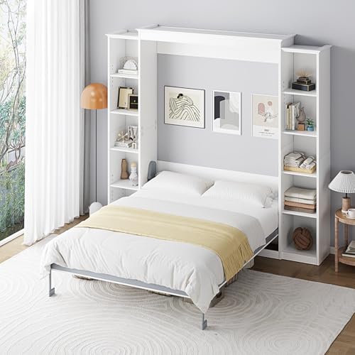 Queen Murphy Bed Cabinet with 5-Tier Adjustable Storage Shelves, Grey Wood Foldable Platform Bed E6897