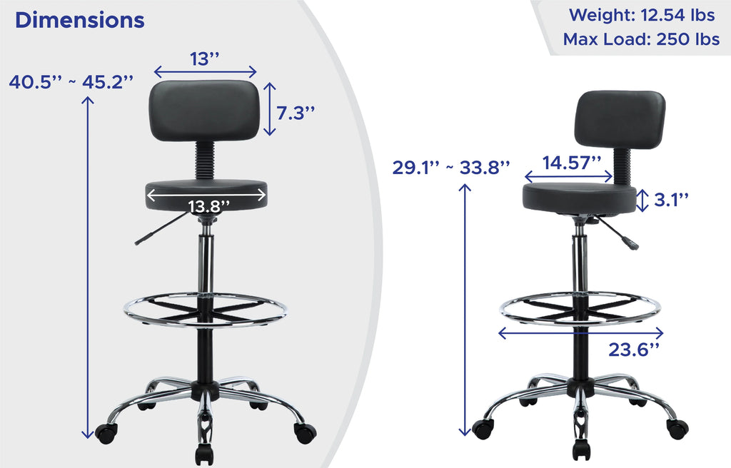 Black Faux Leather Drafting Stool with Backrest and Rolling Wheels E6268