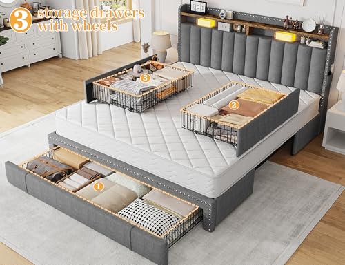Grey Queen Size Upholstered Platform Bed Frame with 3 Drawers Q826277