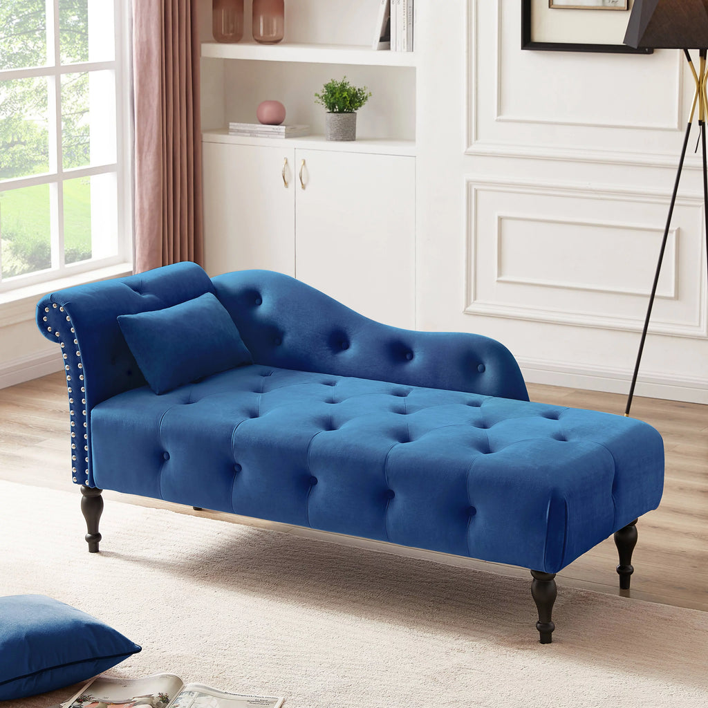 Blue Button Tufted Lounge Chaise with Accent Pillow B3147