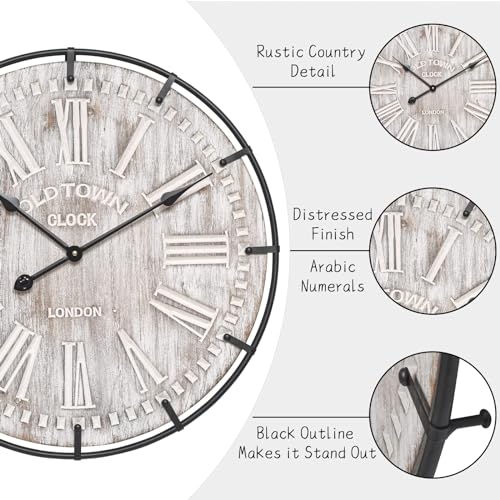 24 Inch Rustic Wood Wall Clock with Metal Circle and Numerals B79526
