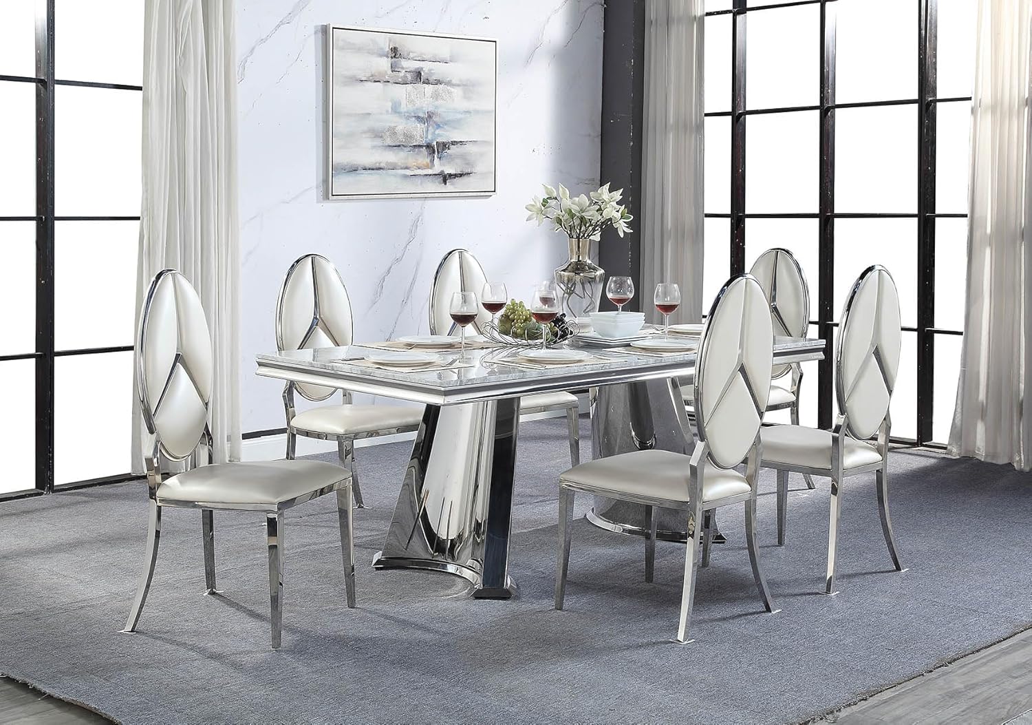 Faux Marble Top and Mirrored Silver Dining Table K6071