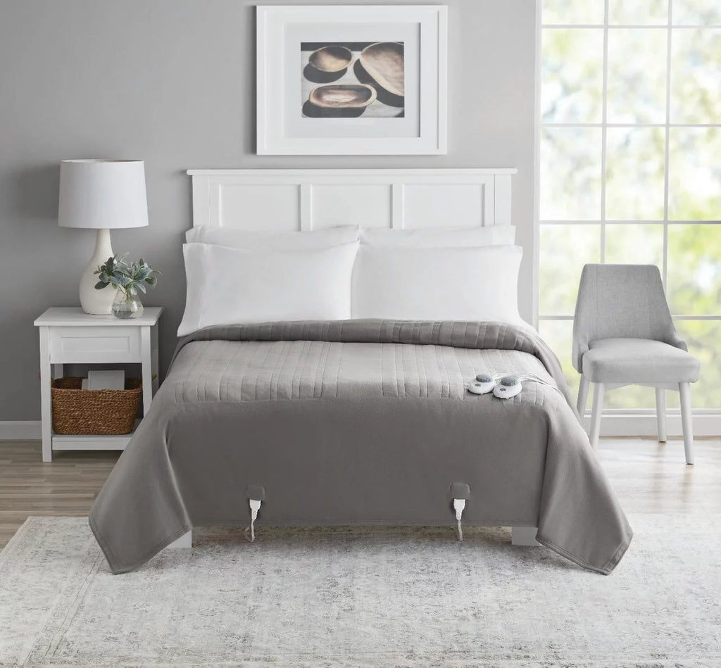 Gray Queen Soft Fleece Electric Heated Blanket, 84" x 90", 2 controllers S612452