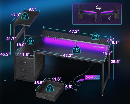 Carbon Fiber Black Gaming Desk with USB Charging Ports & LED Light Q492