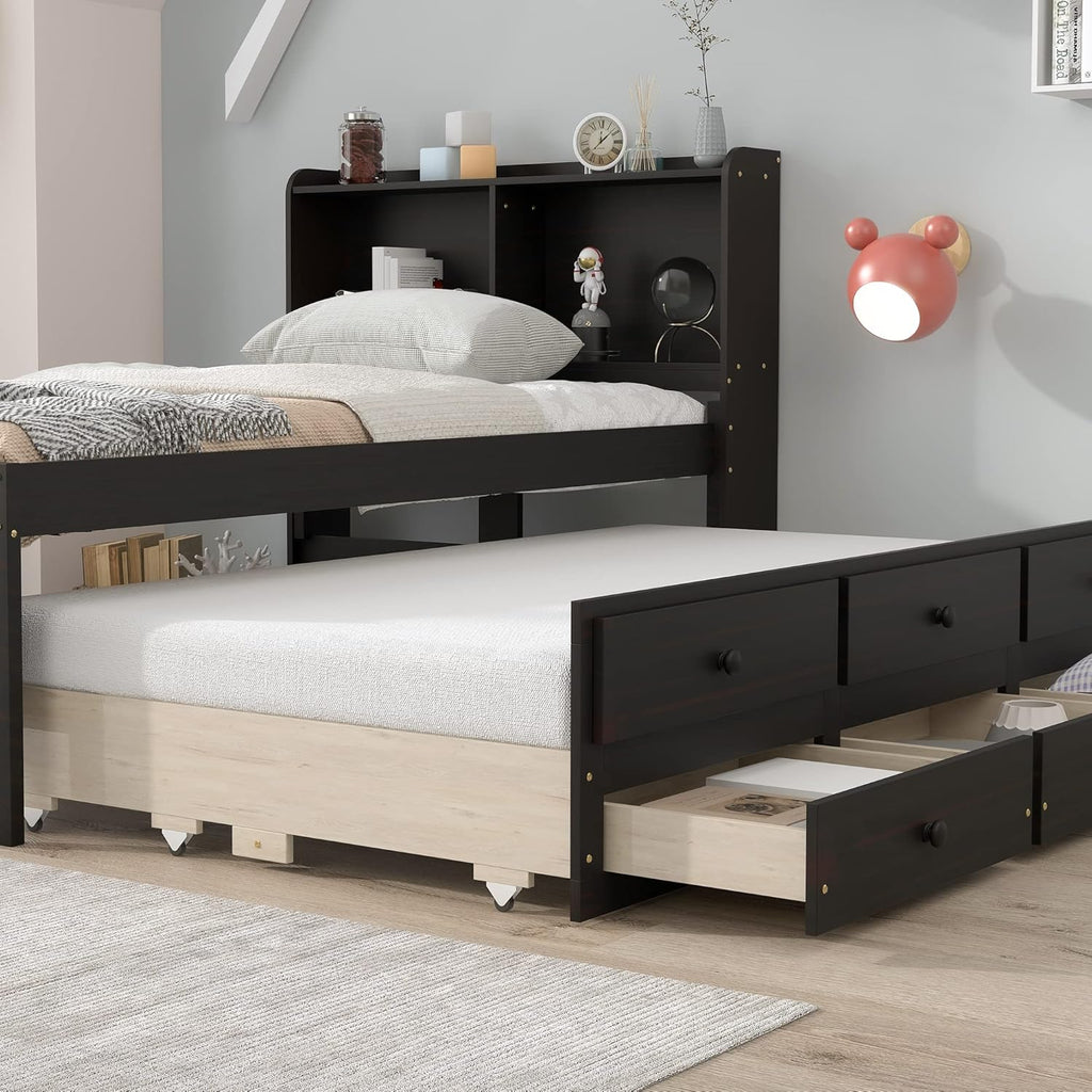 Twin Wood Captain’s Bed with Bookcase Headboard, Trundle and 3 Drawers, Espresso W665510
