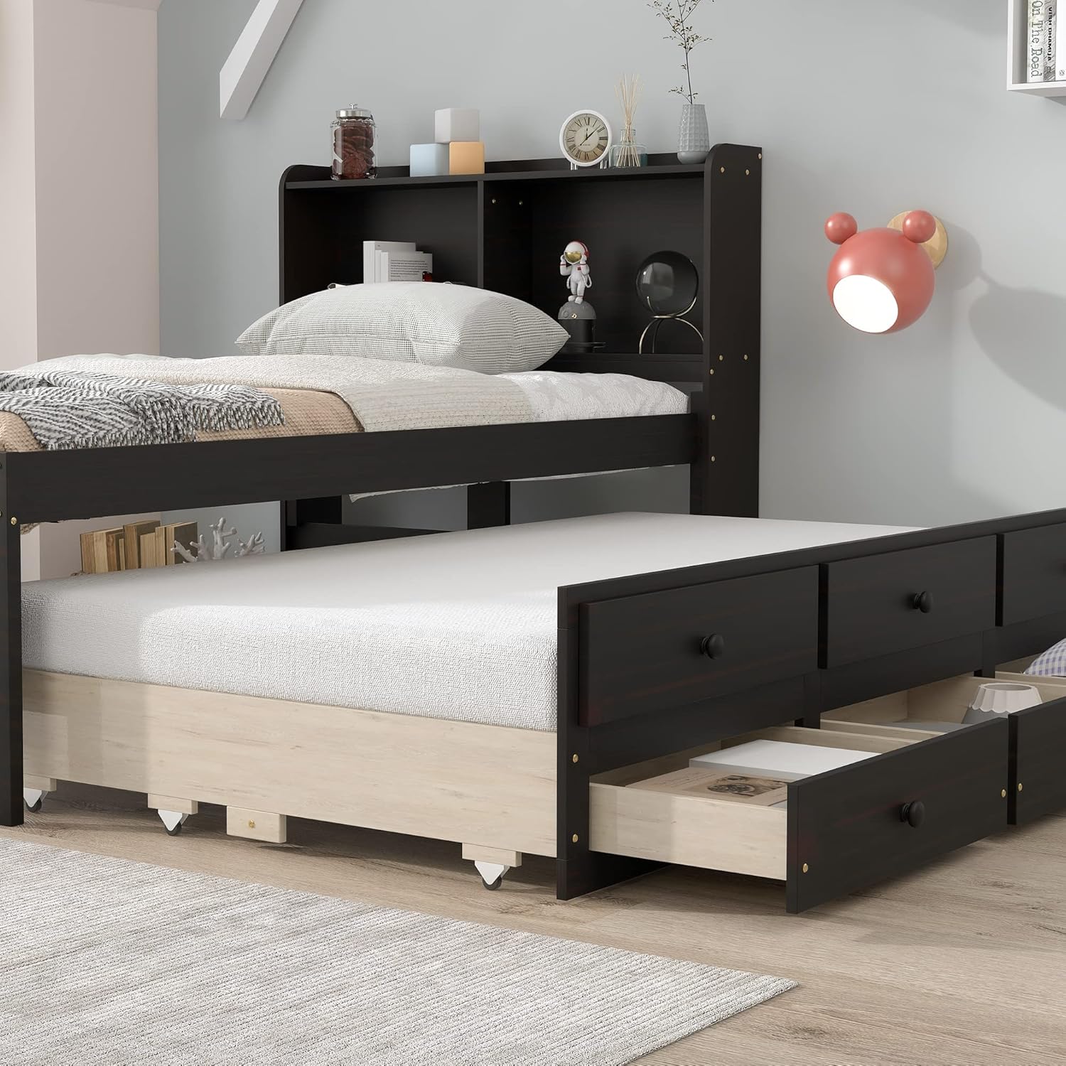 Twin Wood Captain’s Bed with Bookcase Headboard, Trundle and 3 Drawers, Espresso W665510