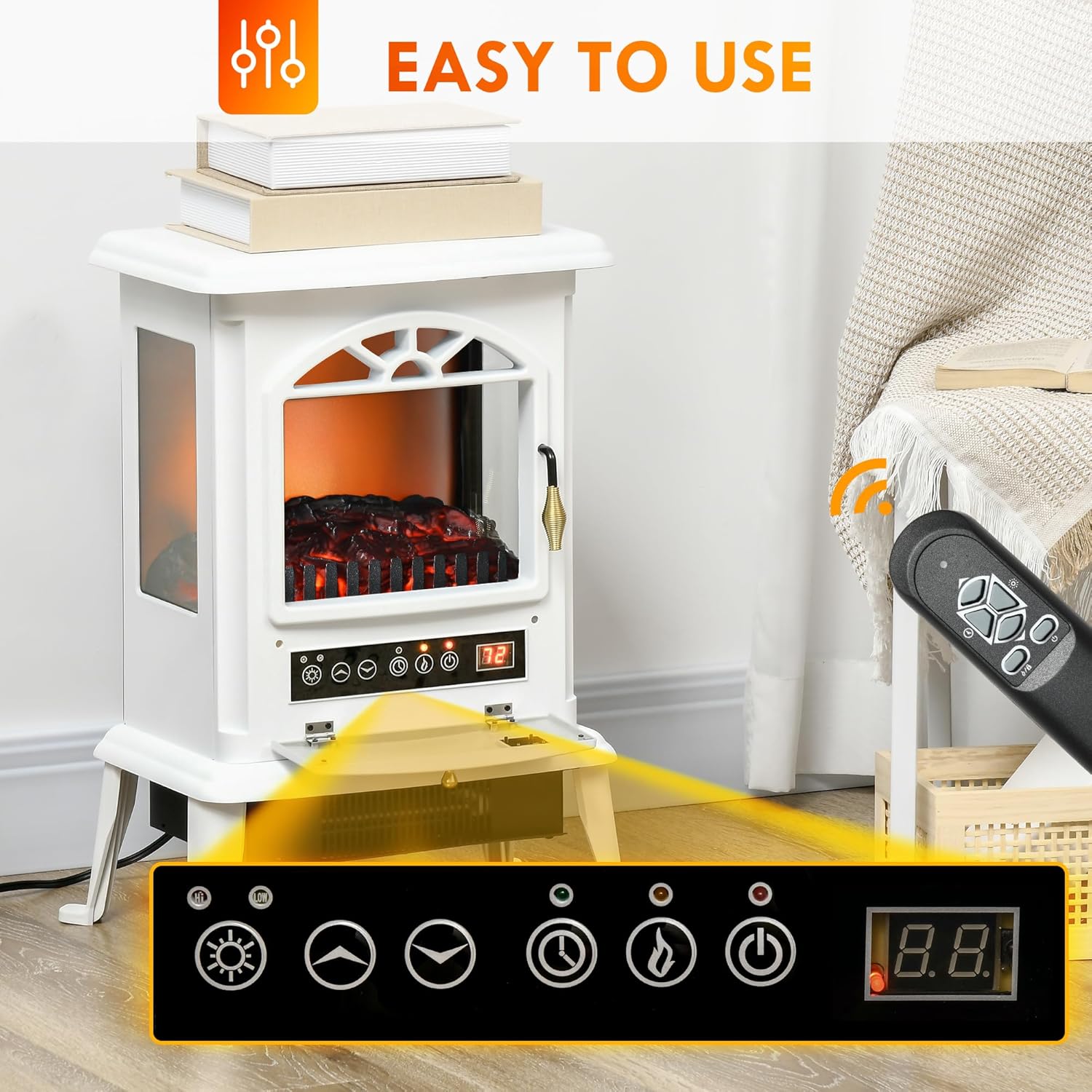 White Electric Infrared Fireplace Stove with Realistic Log Flame R9554