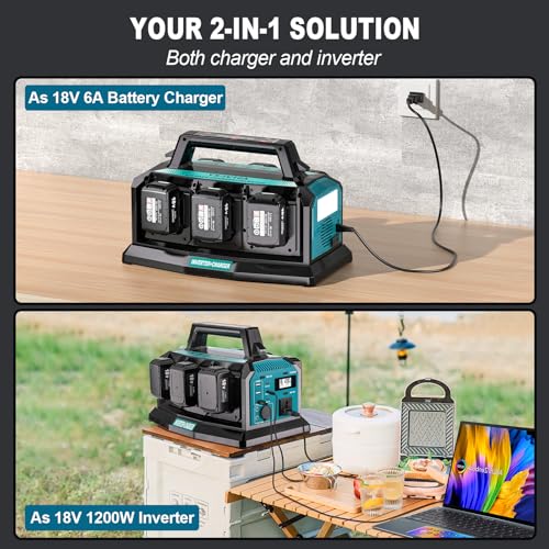 1200W Pure Sine Wave Inverter & 6A Rapid Charger for Makita 18V Battery G968