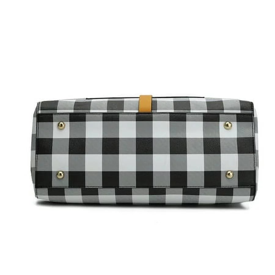 Vegan Leather Checkered Satchel Bag with Wallet 2 Piece Set V240