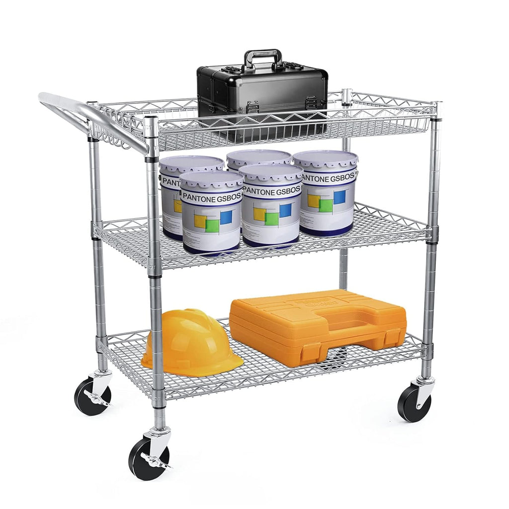 3 Tier Metal Rolling Utility Cart with Wire Shelving P296