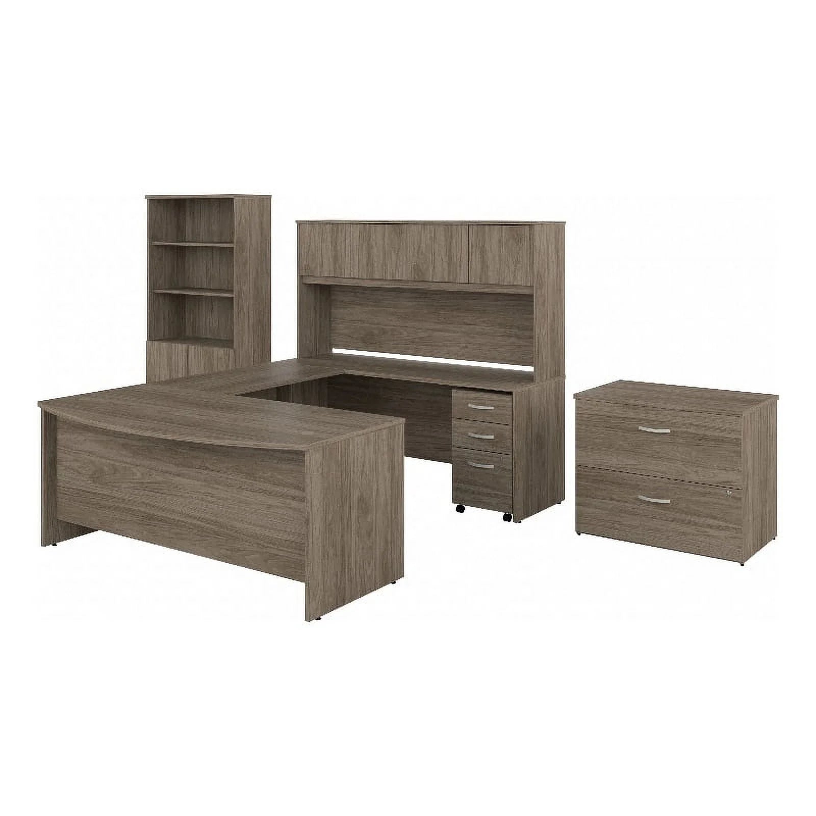 Engineered Wood 72W U Desk with Hutch and Storage in Modern Hickory F579154