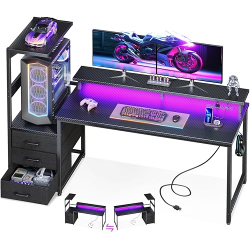 Carbon Fiber Black Gaming Desk with USB Charging Ports & LED Light Q492