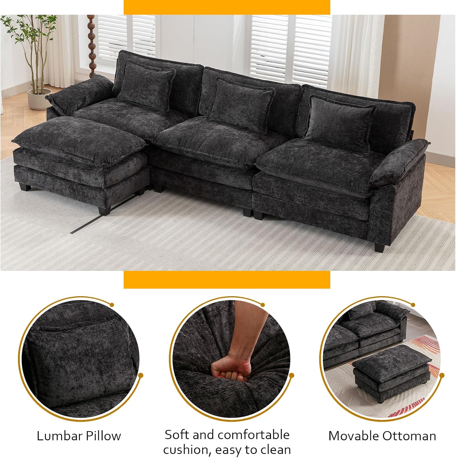 Black Chenille L-Shaped Sectional Sofa with Ottoman B505