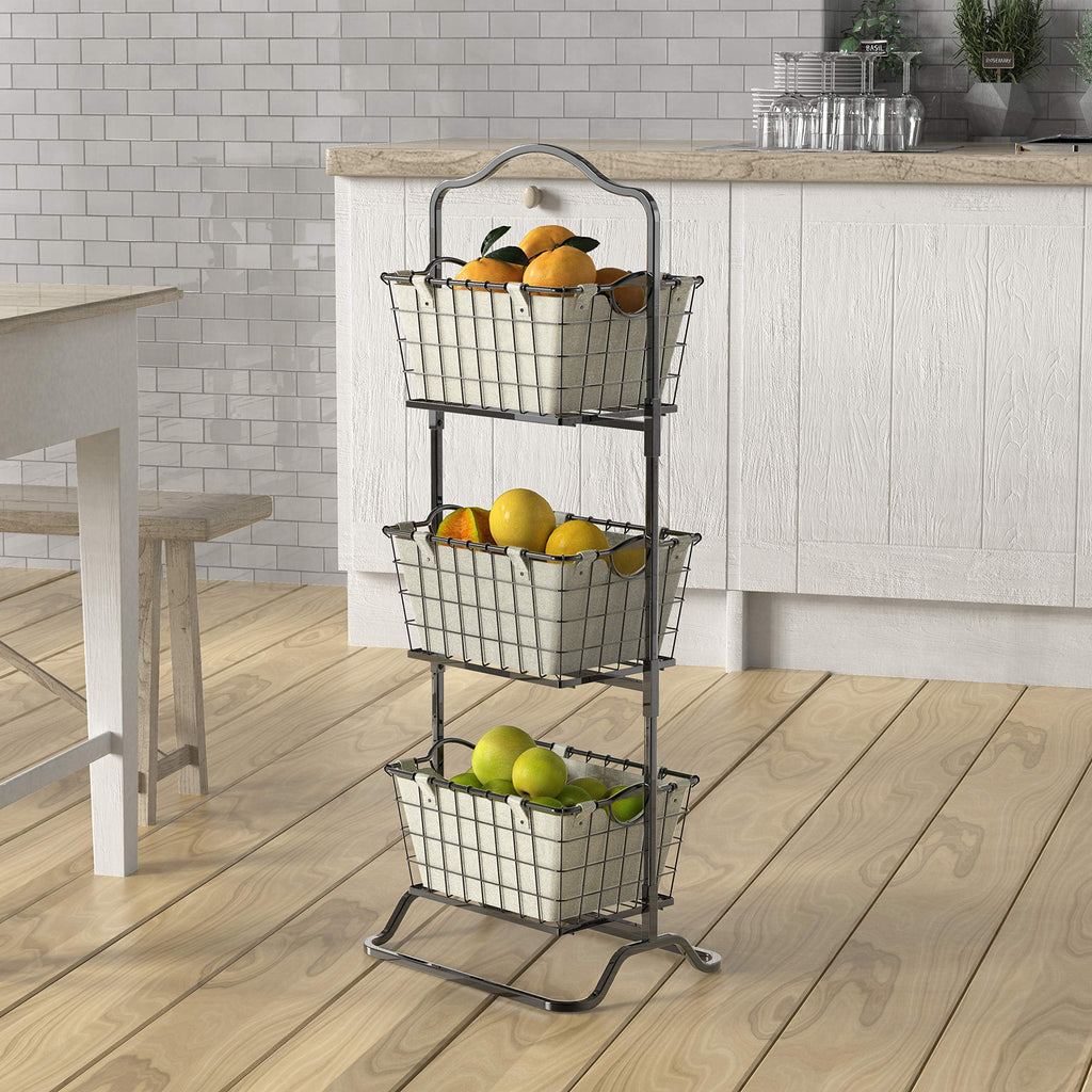 3-Tier Rigid Wire Market Fruit Basket Stand, Black D21317