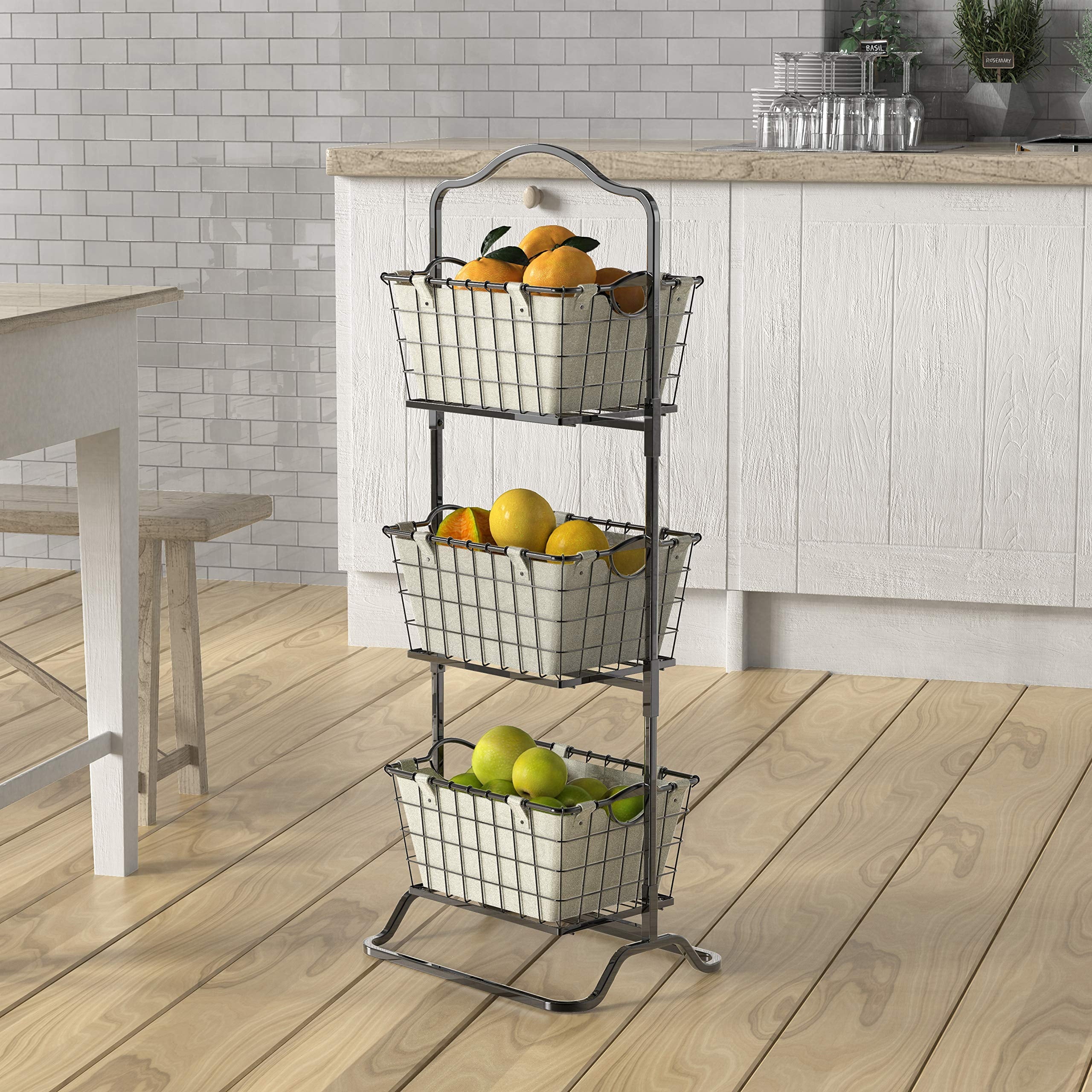3-Tier Rigid Wire Market Fruit Basket Stand, Black D21317