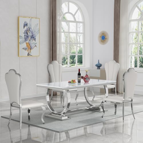 White Marble Dining Table Set of 6 with 4 Leather Chairs D6067