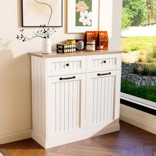 White Double Tilt Out Trash Cabinet with Pull-Out Drawers G726