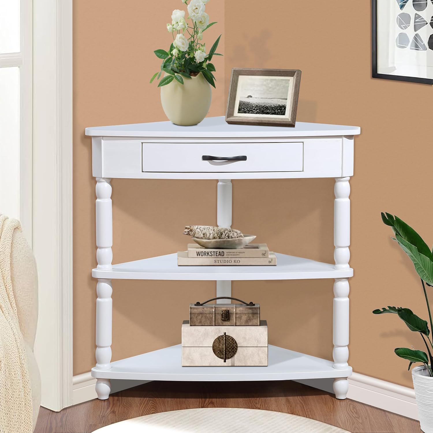White Corner Table Accent Cabinet with Shelves Drawer Y2045