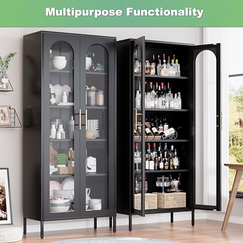71" Tall Black Glass Display Cabinet with 4 Shelves F94395