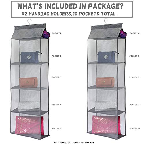 XL Size Hanging Handbag Purse Organizer, 2 Pack, 10 Shelves Total, Grey O8218