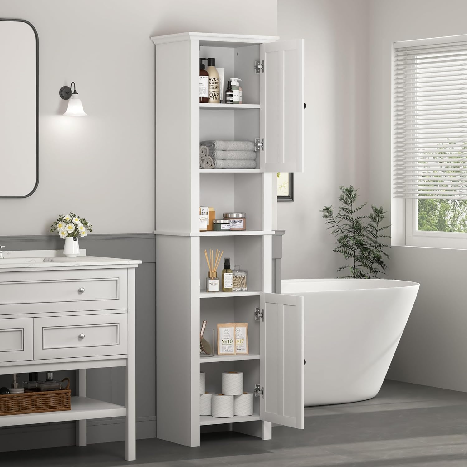 White 15.7"L x 11.8"W x 67"H Narrow Bathroom Storage Cabinet with Shelves and Door Q5278