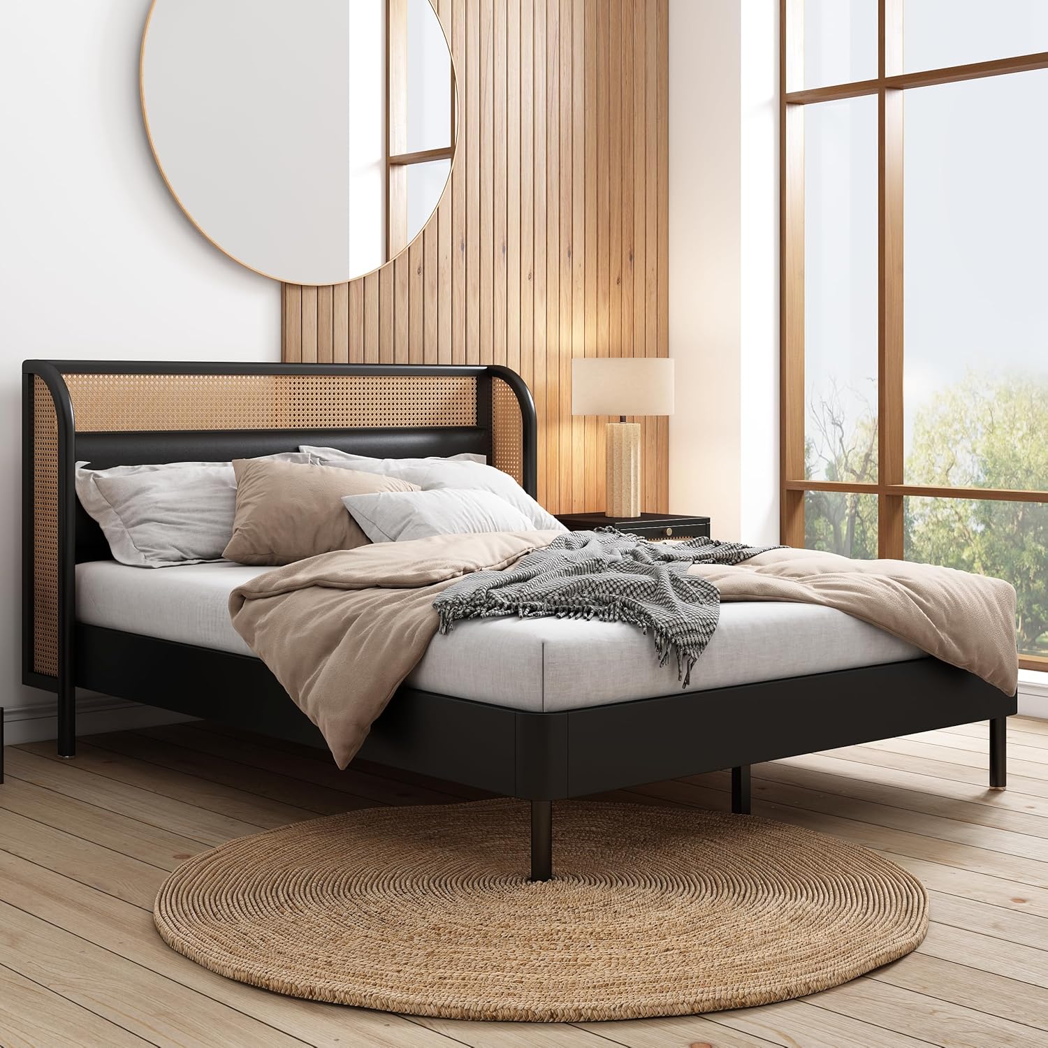 Queen Size Rattan Platform Bed with Wingback Headboard J588