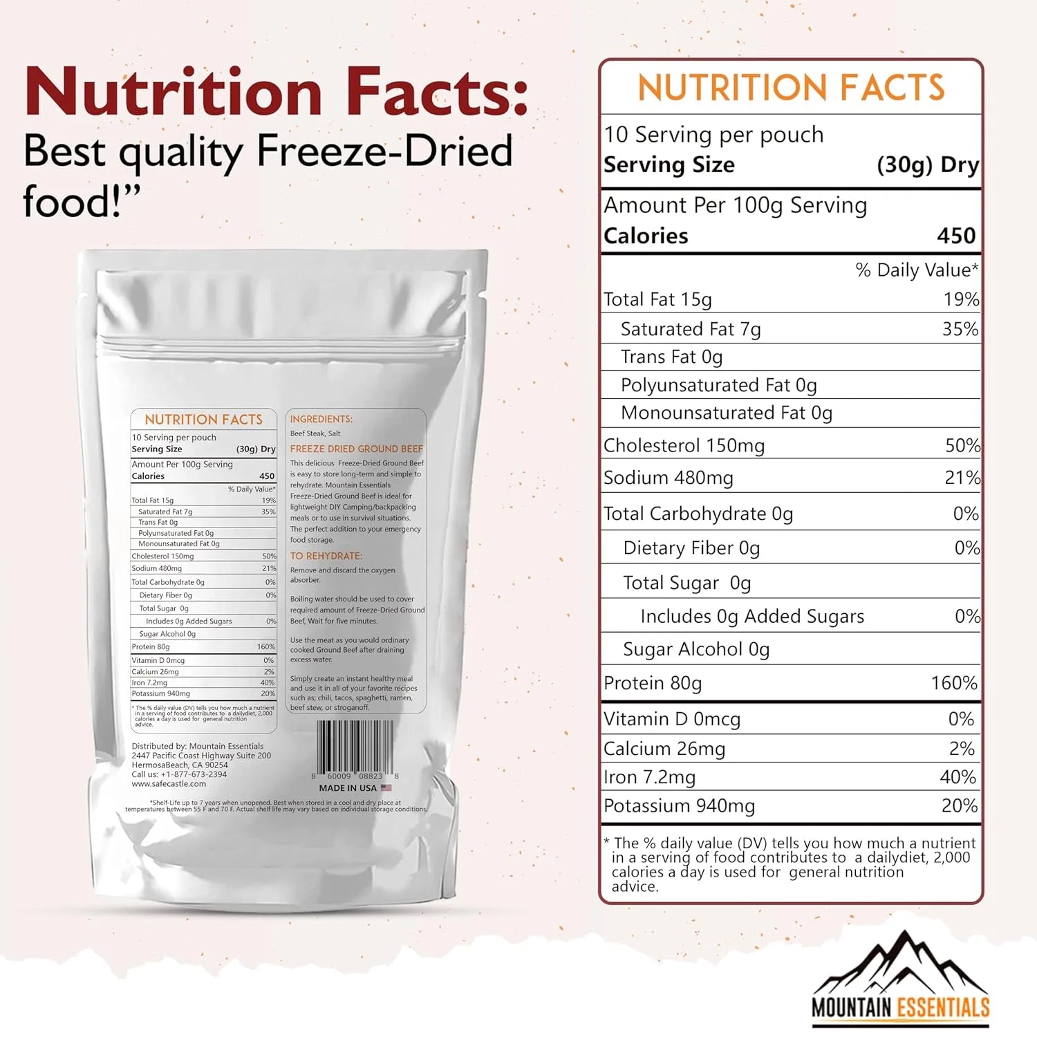 Freeze Dried Ground Beef Fully Cooked, Pack of 12, 10 serving O538718