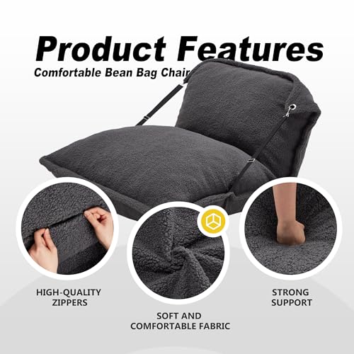 Grey Giant Bean Bag Chair with Adjustable Backrest and Detachable Sherpa Cover J486123