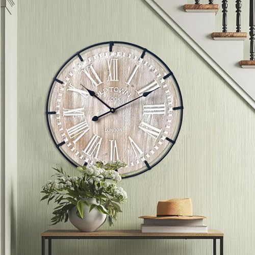 24 Inch Rustic Wood Wall Clock with Metal Circle and Numerals B79526