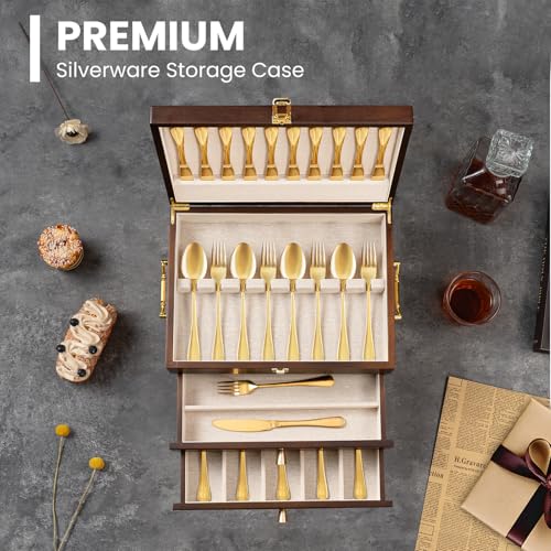Walnut Wooden 2-Layer Silverware Storage Box Q79377