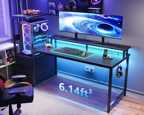 Carbon Fiber Black Gaming Desk with USB Charging Ports & LED Light Q492